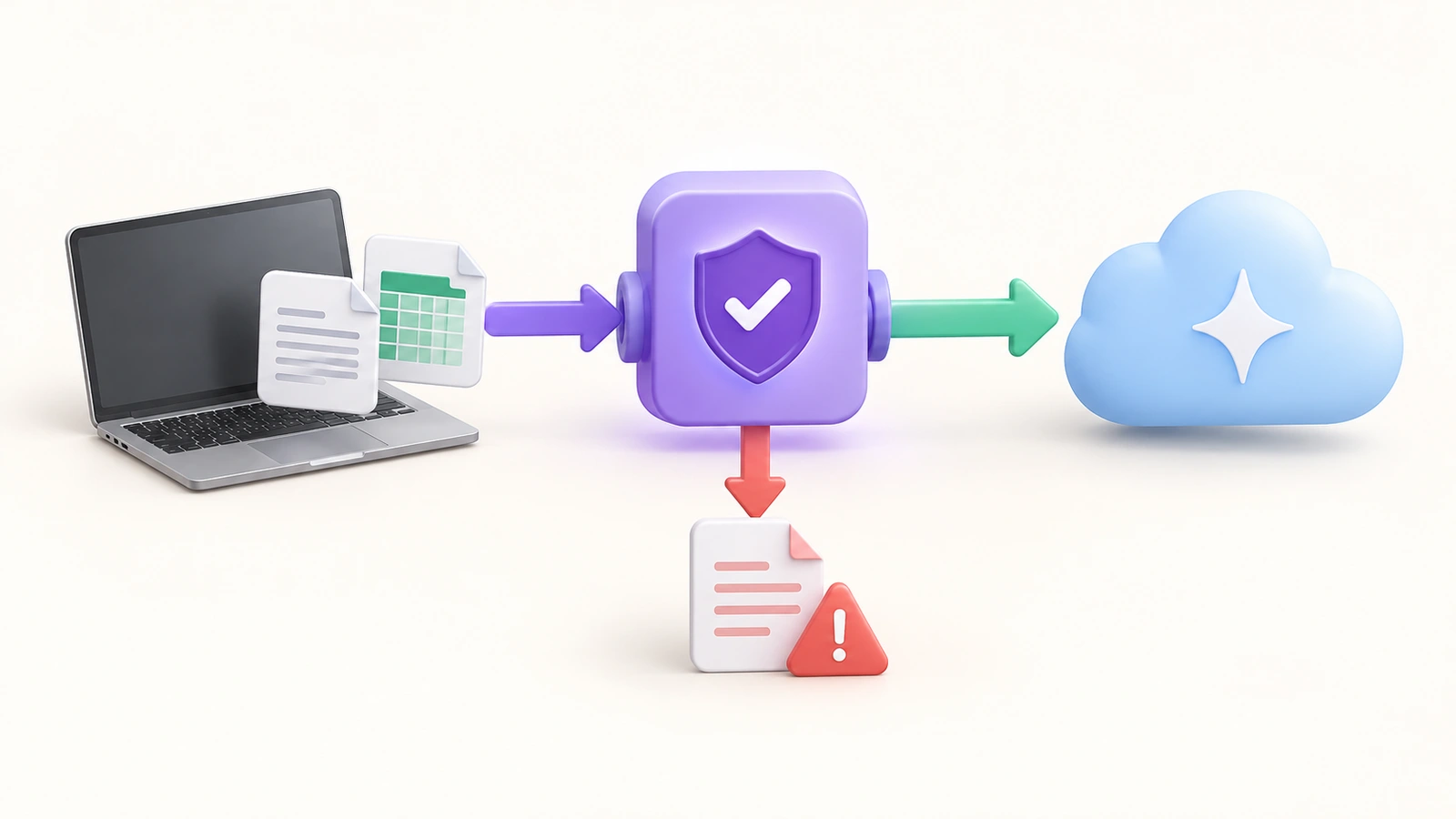 HeyGuard 流程示意：公司電腦上的文字與檔案先經敏感資料檢查，符合政策的內容按設定交給外部 AI，敏感內容按設定提示或攔截。